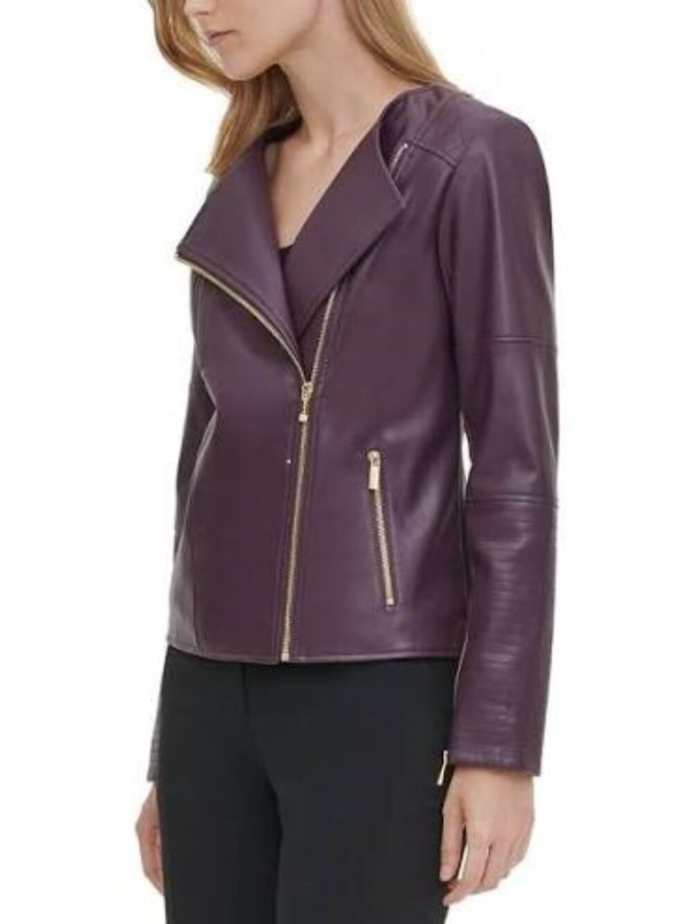 Calvin Klein Bordeaux Faux Leather Moto Lined goldish zippers Jacket size Large